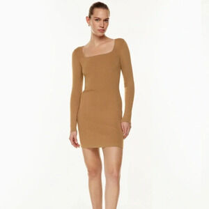 Babaton Aritzia Rego Sculpt Knit long Sleeve square neck mini dress camel color